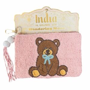 🦋Beaded Pink with Bear 
 Pouch with Tassel & Bag Charm Clip